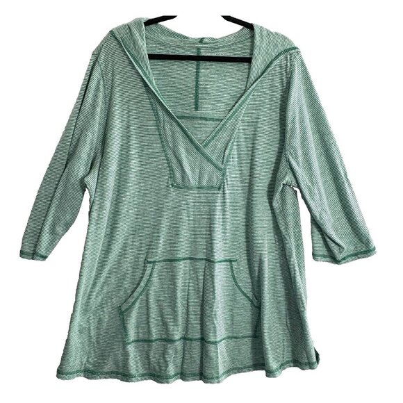 CATHERINES Women Top Pullover Long Sleeve Hooded Pocket Stripe Sz 1x Green 49-26 - Picture 1 of 12